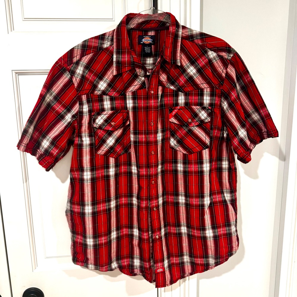 Dickies Men's L Red Black Plaid Western Snap Shirt Workwear Grunge Cotton